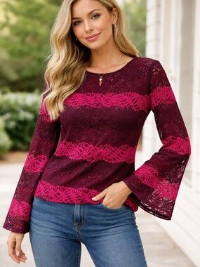 Banana Republic Burgundy Lace Blouse with Hot Pink Trim